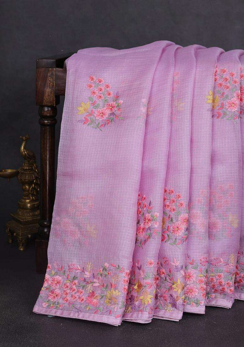 Silk Kota Cotton Saree Lavender With Floral Embroidery Work Buttas And Embroidery Work Border With Embroidered Design For Women - Indya
