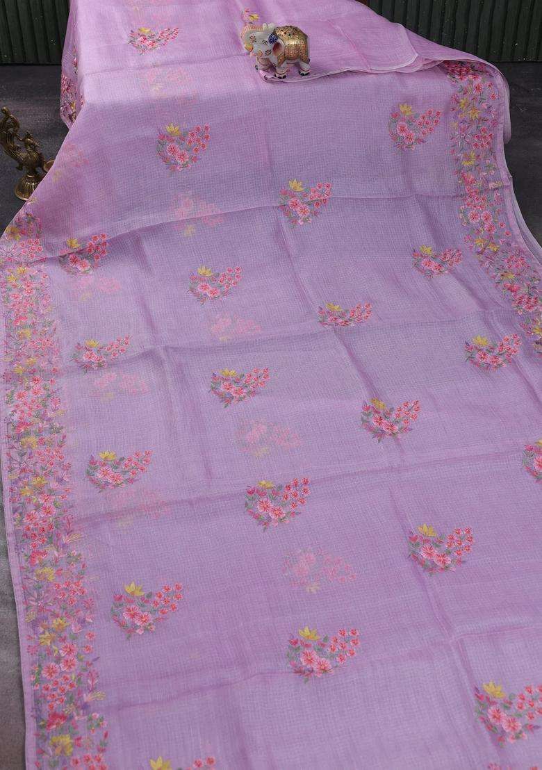 Silk Kota Cotton Saree Lavender With Floral Embroidery Work Buttas And Embroidery Work Border With Embroidered Design For Women - Indya