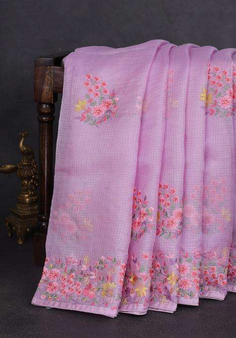 Silk Kota Cotton Saree Lavender With Floral Embroidery Work Buttas And Embroidery Work Border With Embroidered Design For Women