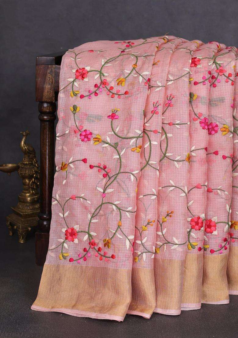 Silk Kota Cotton Saree Peach Shade With Allover Floral Embroidery Work And Zari Woven Border With Embroidered Design For Women - Indya