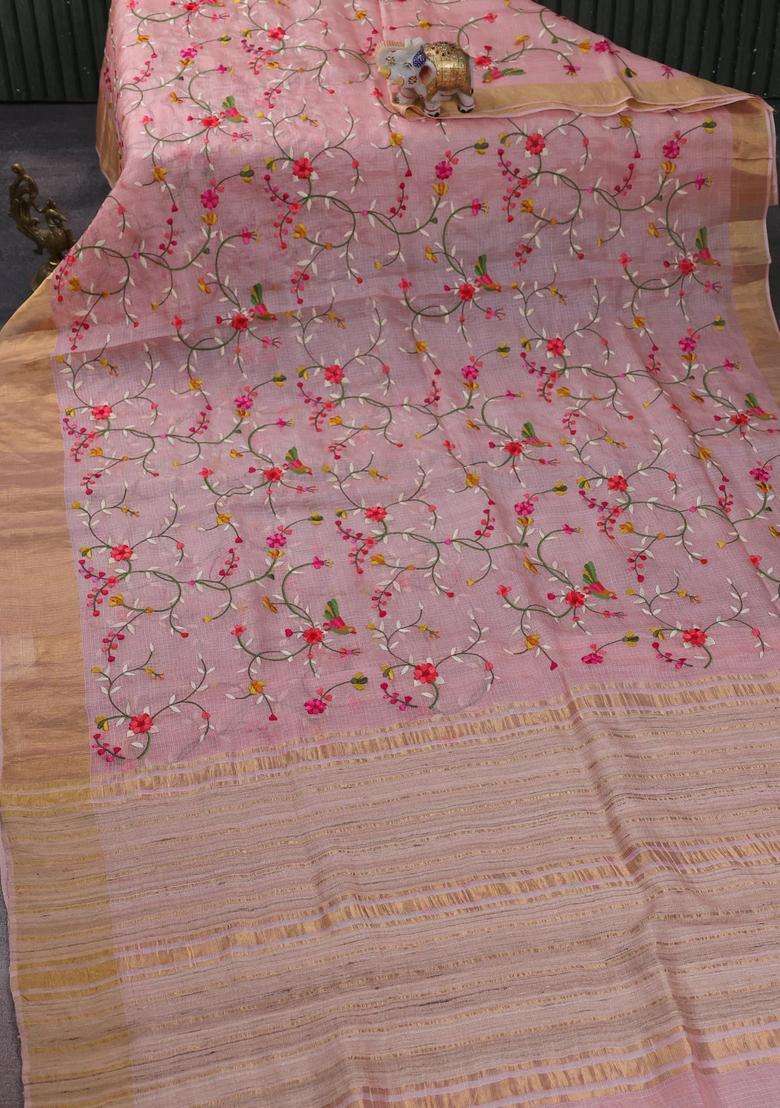 Silk Kota Cotton Saree Peach Shade With Allover Floral Embroidery Work And Zari Woven Border With Embroidered Design For Women - Indya