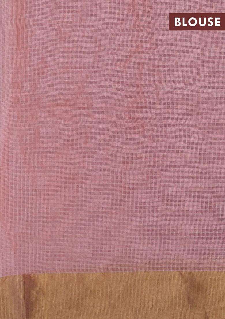 Silk Kota Cotton Saree Peach Shade With Allover Floral Embroidery Work And Zari Woven Border With Embroidered Design For Women - Indya