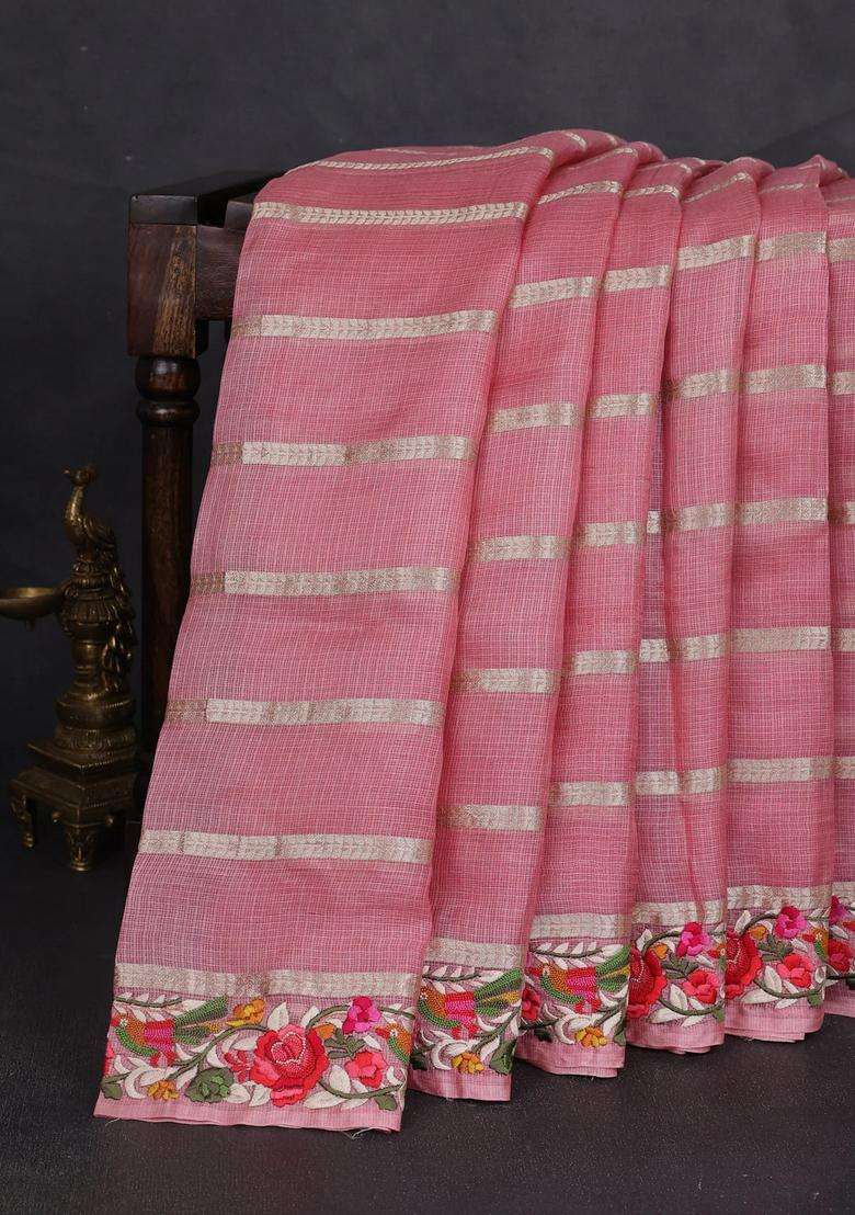 Silk Kota Cotton Saree Peach Pink With Allover Zari Weaves And Embroidery Work Border With Embroidered Design For Women - Indya