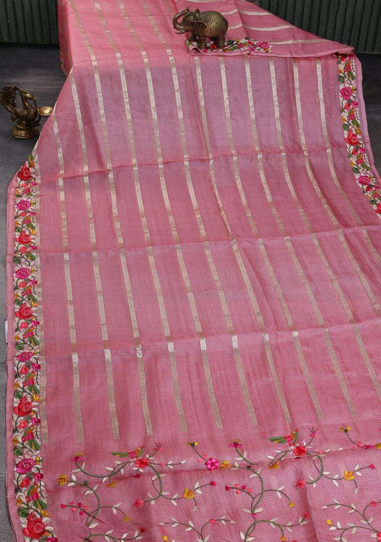 Silk Kota Cotton Saree Peach Pink With Allover Zari Weaves And Embroidery Work Border With Embroidered Design For Women - Indya