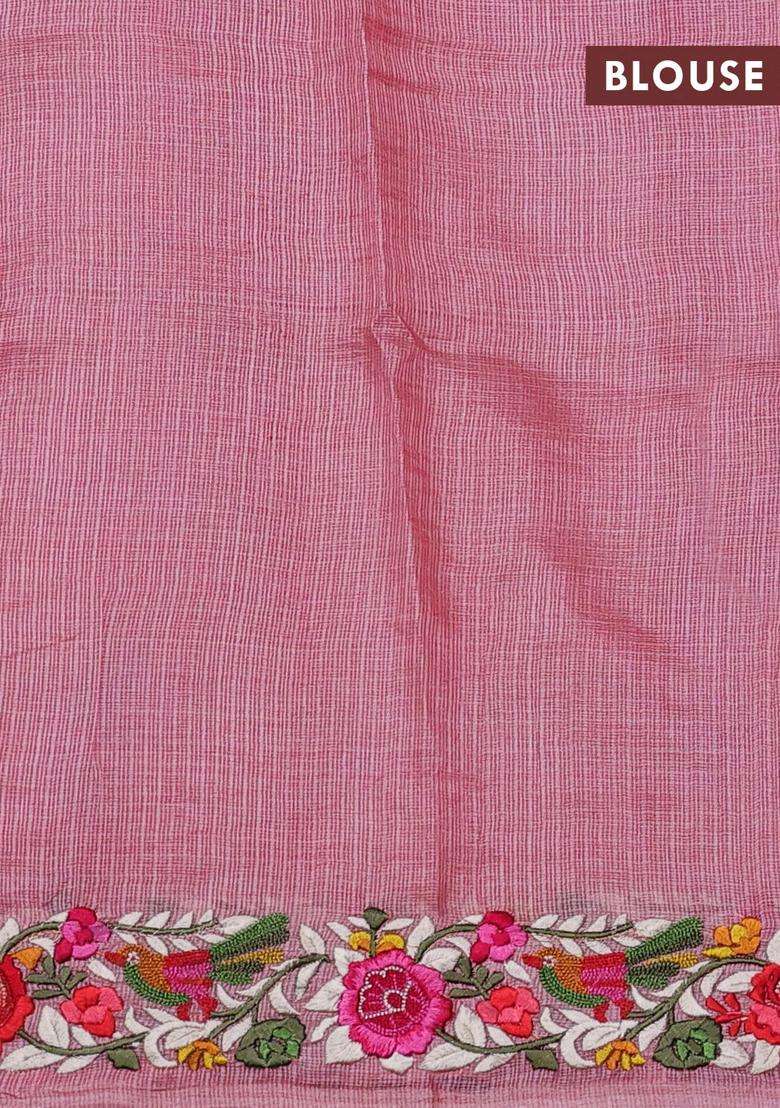 Silk Kota Cotton Saree Peach Pink With Allover Zari Weaves And Embroidery Work Border With Embroidered Design For Women - Indya