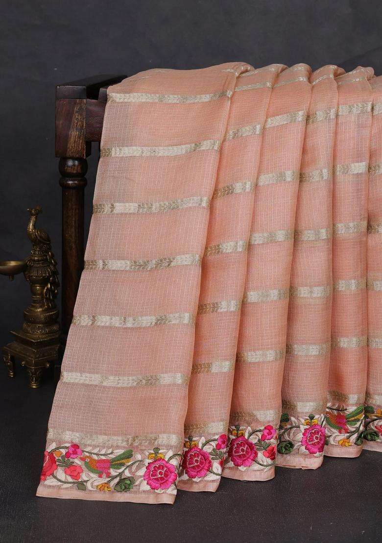 Silk Kota Cotton Saree Pale Orange With Allover Zari Weaves And Embroidery Work Border With Embroidered Design For Women - Indya