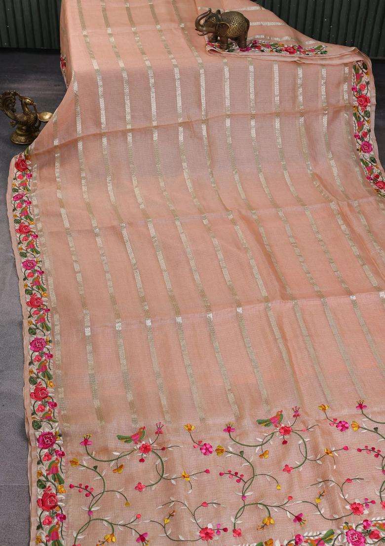 Silk Kota Cotton Saree Pale Orange With Allover Zari Weaves And Embroidery Work Border With Embroidered Design For Women - Indya