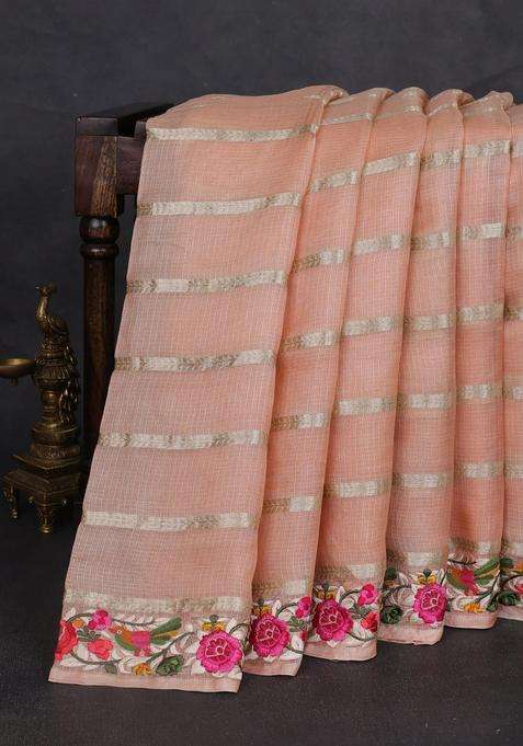 Silk Kota Cotton Saree Pale Orange With Allover Zari Weaves And Embroidery Work Border With Embroidered Design For Women