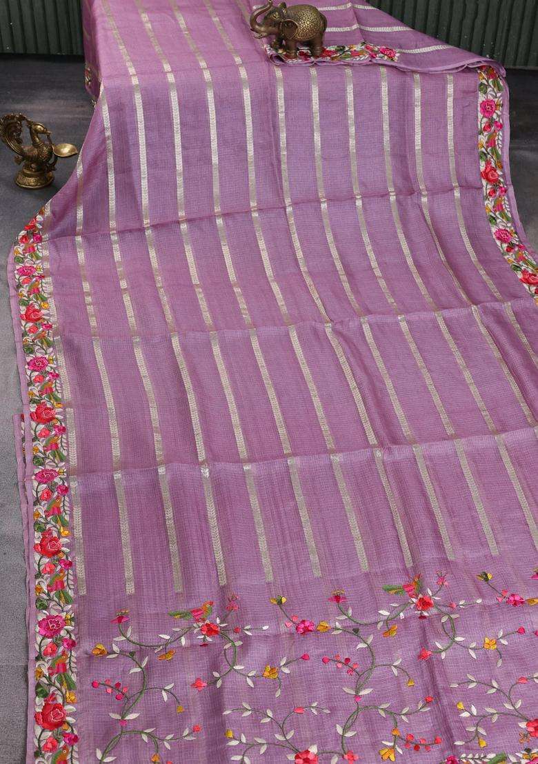 Silk Kota Cotton Saree Lavender Shade With Allover Zari Weaves And Embroidery Work Border With Embroidered Design For Women - Indya