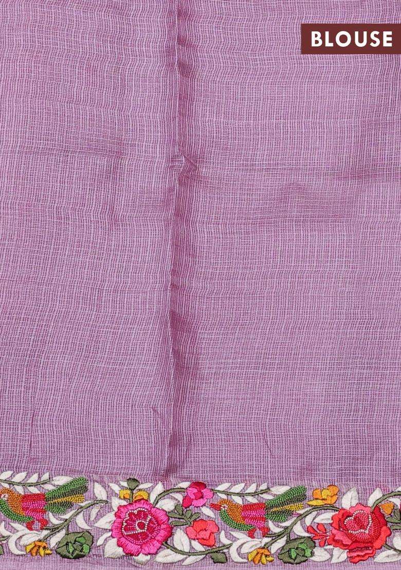Silk Kota Cotton Saree Lavender Shade With Allover Zari Weaves And Embroidery Work Border With Embroidered Design For Women - Indya