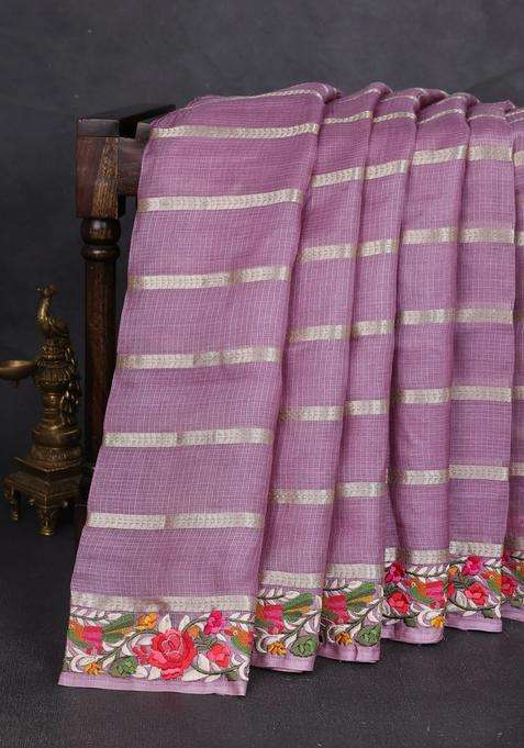 Silk Kota Cotton Saree Lavender Shade With Allover Zari Weaves And Embroidery Work Border With Embroidered Design For Women