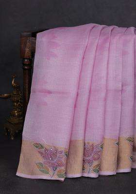 Silk Kota Cotton Saree Lavender With Prints And Zari Woven Embroidery Border With Embroidered Design For Women