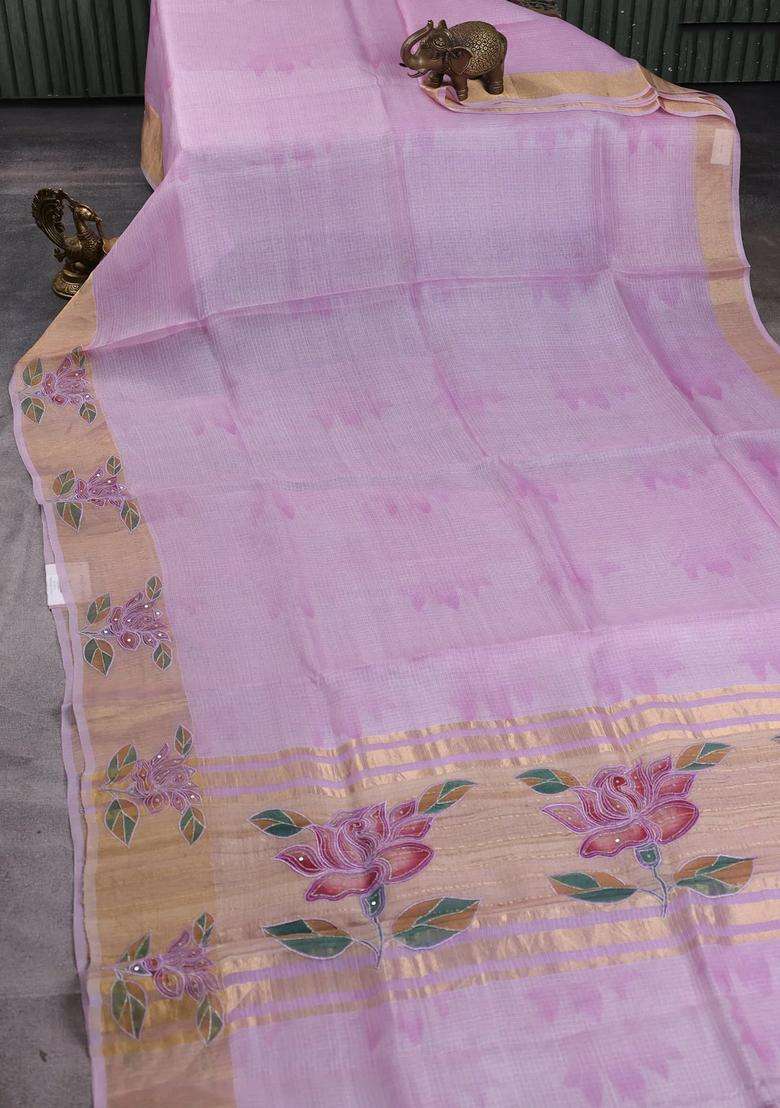 Silk Kota Cotton Saree Lavender With Prints And Zari Woven Embroidery Border With Embroidered Design For Women - Indya