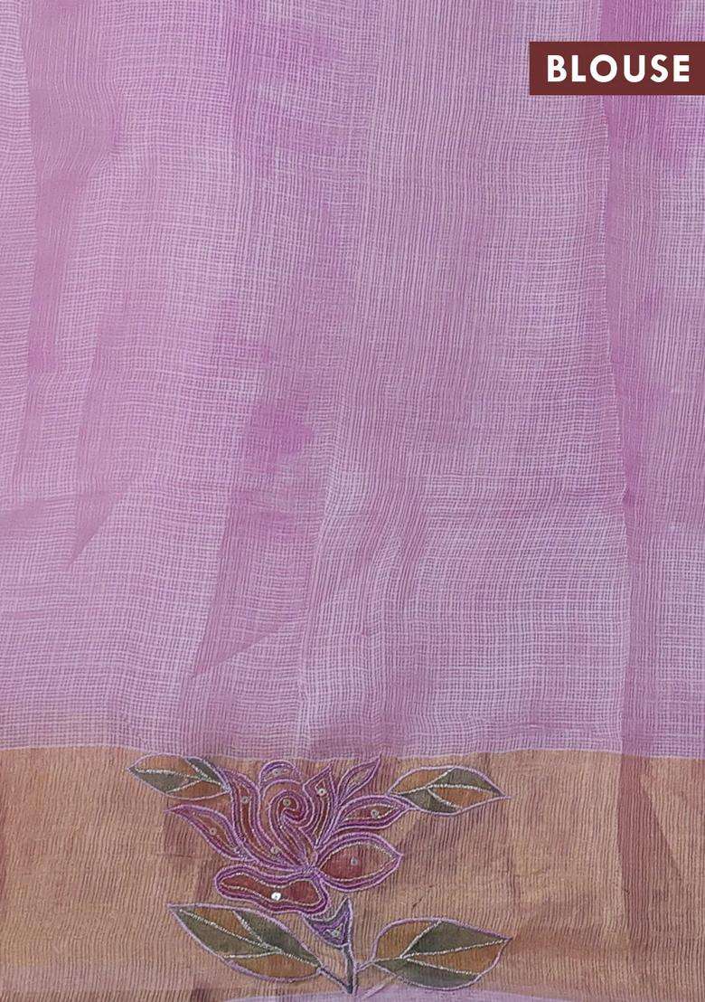 Silk Kota Cotton Saree Lavender With Prints And Zari Woven Embroidery Border With Embroidered Design For Women - Indya