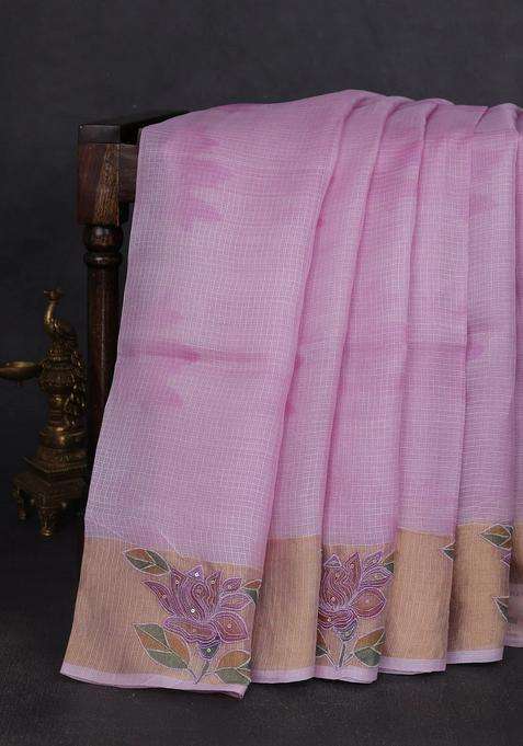 Silk Kota Cotton Saree Lavender With Prints And Zari Woven Embroidery Border With Embroidered Design For Women