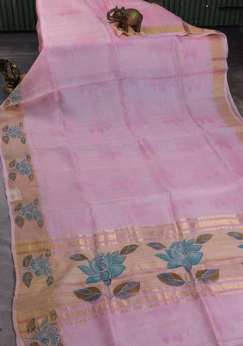 Silk Kota Cotton Saree Light Pink With Prints And Zari Woven Embroidery Border With Embroidered Design For Women - Indya