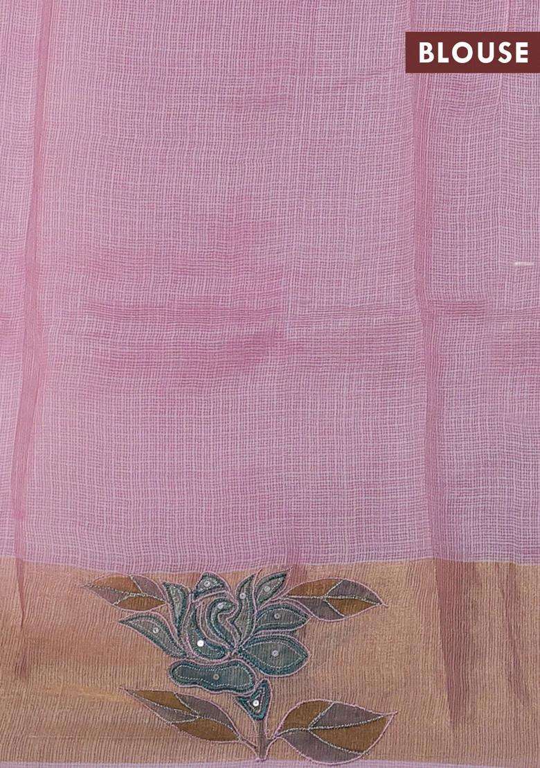 Silk Kota Cotton Saree Light Pink With Prints And Zari Woven Embroidery Border With Embroidered Design For Women - Indya