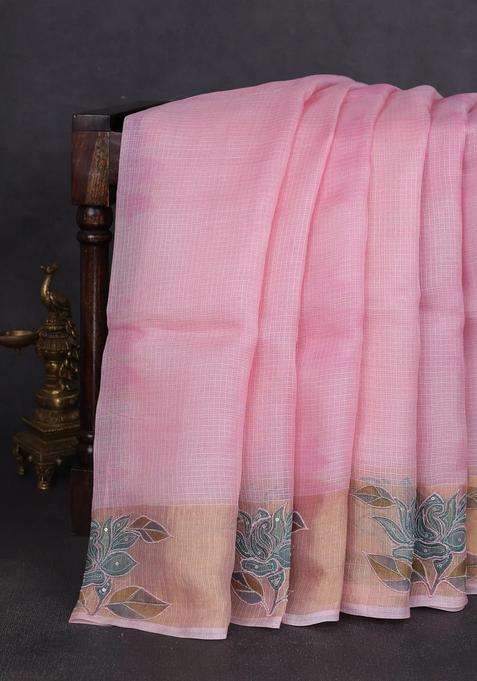 Silk Kota Cotton Saree Light Pink With Prints And Zari Woven Embroidery Border With Embroidered Design For Women