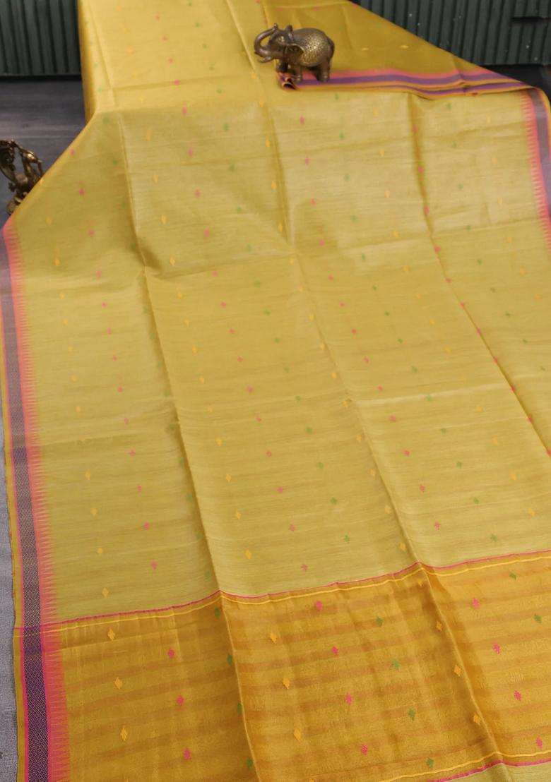 Munga Tussar Silk Saree Mustard Yellow And Pink With Thread Woven Geomatric Buttas And Organza Pallu With Buttas And Brocade Design For Women - Indya