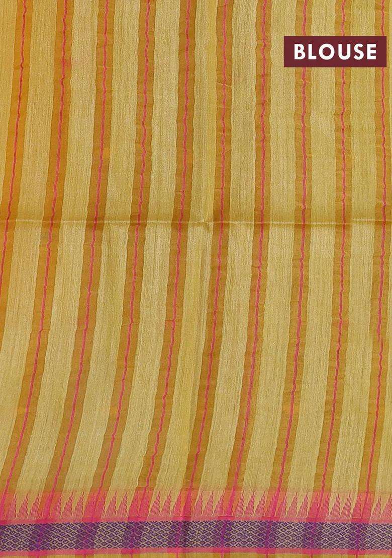 Munga Tussar Silk Saree Mustard Yellow And Pink With Thread Woven Geomatric Buttas And Organza Pallu With Buttas And Brocade Design For Women - Indya