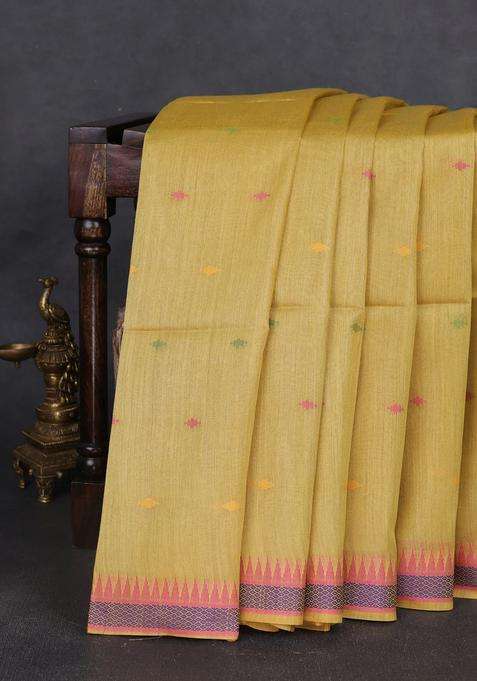 Munga Tussar Silk Saree Mustard Yellow And Pink With Thread Woven Geomatric Buttas And Organza Pallu With Buttas And Brocade Design For Women