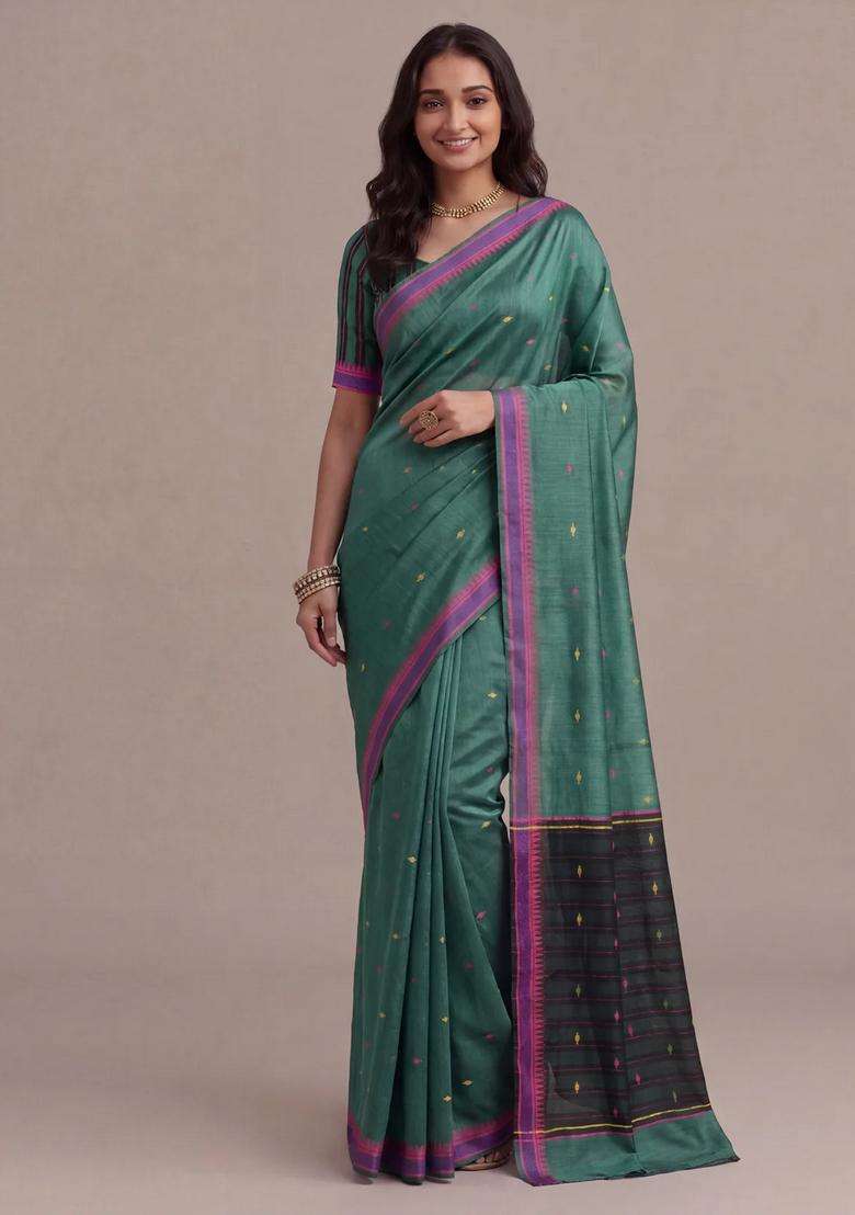 Munga Tussar Silk Saree Bottle Green And Pink With Thread Woven Geomatric Buttas And Organza Pallu With Buttas And Brocade Design For Women - Indya