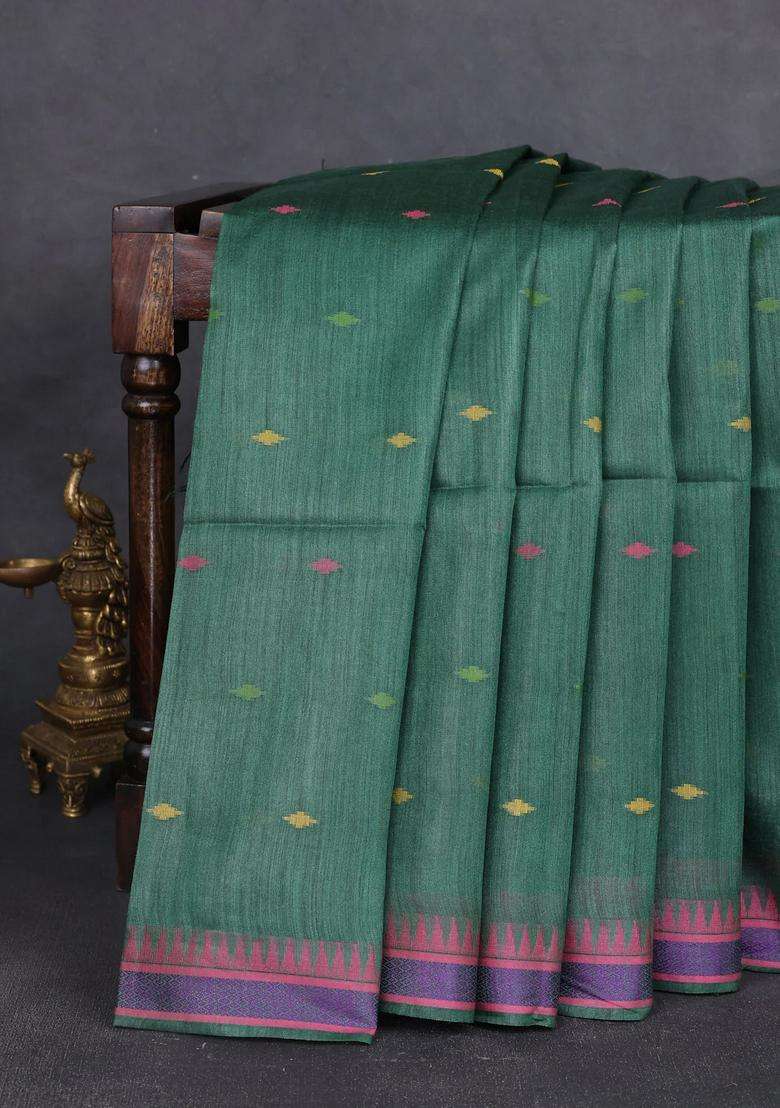 Munga Tussar Silk Saree Bottle Green And Pink With Thread Woven Geomatric Buttas And Organza Pallu With Buttas And Brocade Design For Women - Indya
