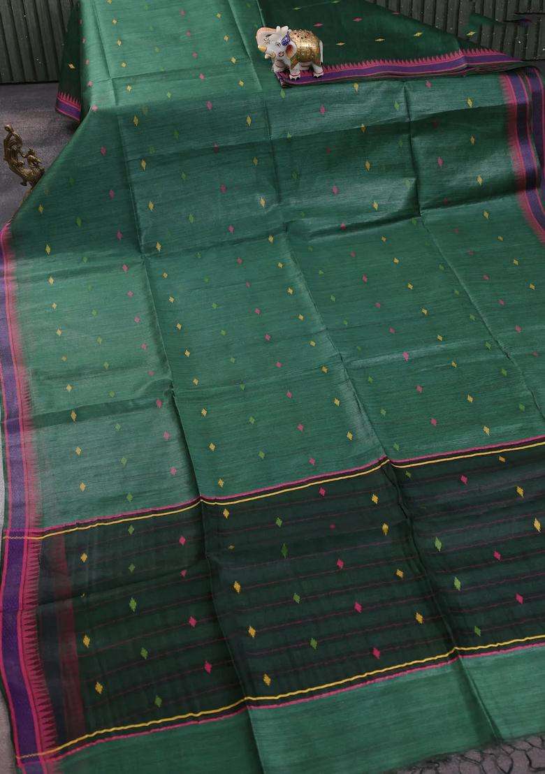 Munga Tussar Silk Saree Bottle Green And Pink With Thread Woven Geomatric Buttas And Organza Pallu With Buttas And Brocade Design For Women - Indya