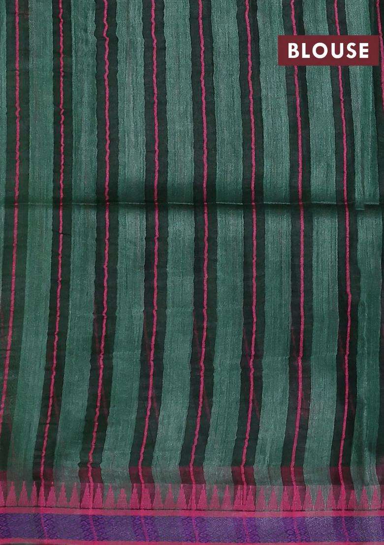 Munga Tussar Silk Saree Bottle Green And Pink With Thread Woven Geomatric Buttas And Organza Pallu With Buttas And Brocade Design For Women - Indya