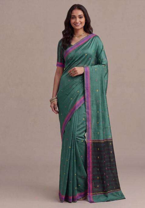 Munga Tussar Silk Saree Bottle Green And Pink With Thread Woven Geomatric Buttas And Organza Pallu With Buttas And Brocade Design For Women