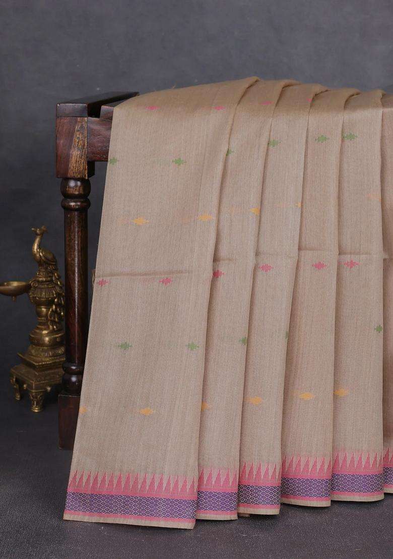 Munga Tussar Silk Saree Beige And Pink With Thread Woven Geomatric Buttas And Organza Pallu With Buttas And Brocade Design For Women - Indya