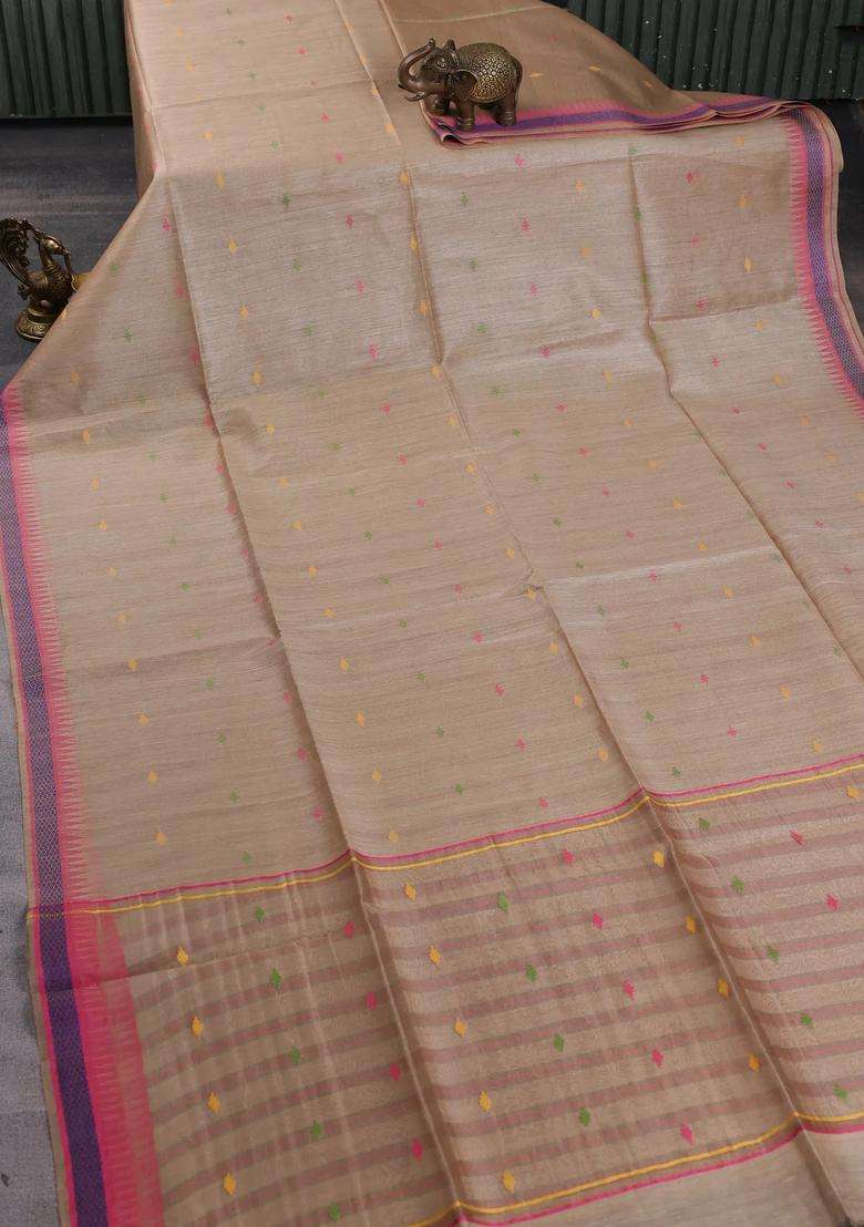 Munga Tussar Silk Saree Beige And Pink With Thread Woven Geomatric Buttas And Organza Pallu With Buttas And Brocade Design For Women - Indya