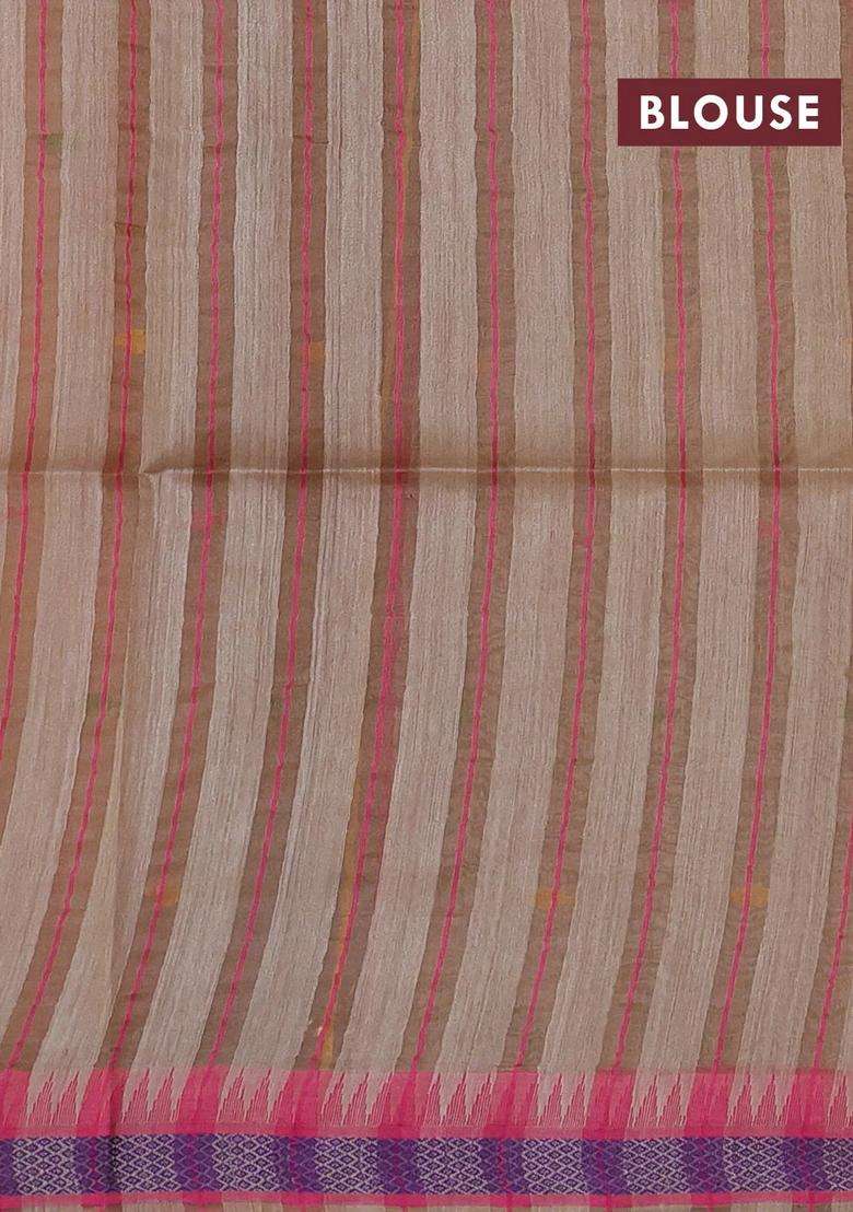 Munga Tussar Silk Saree Beige And Pink With Thread Woven Geomatric Buttas And Organza Pallu With Buttas And Brocade Design For Women - Indya