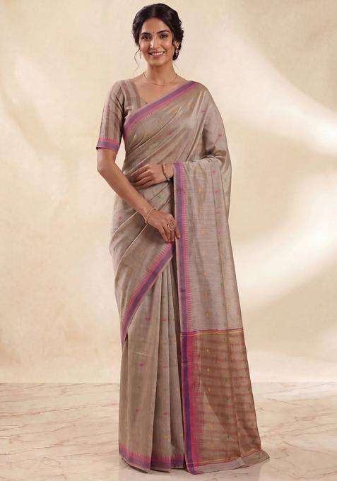 Munga Tussar Silk Saree Beige And Pink With Thread Woven Geomatric Buttas And Organza Pallu With Buttas And Brocade Design For Women