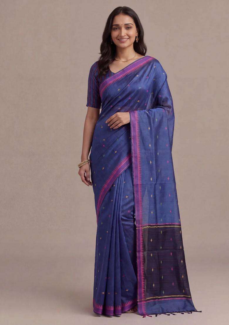 Munga Tussar Silk Saree Peacock Blue And Pink With Thread Woven Geomatric Buttas And Organza Pallu With Buttas And Brocade Design For Women - Indya