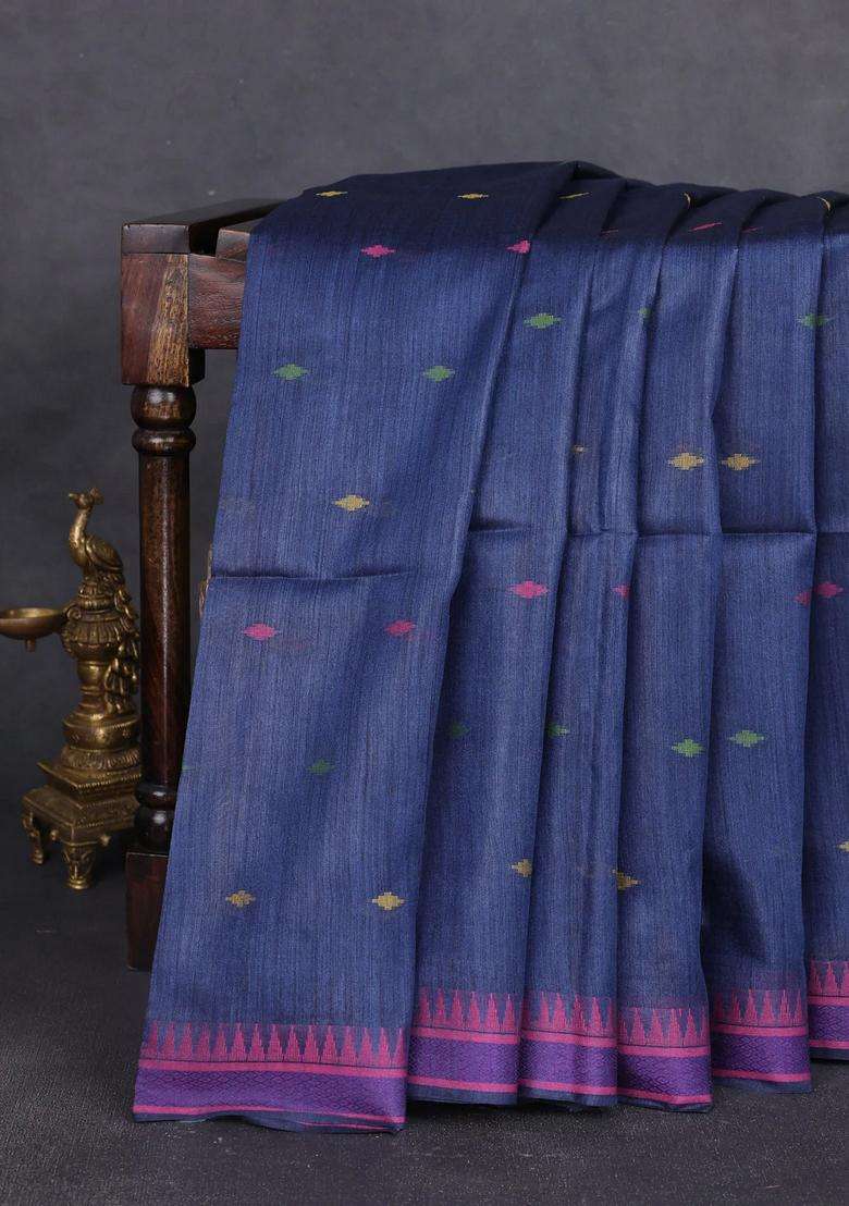 Munga Tussar Silk Saree Peacock Blue And Pink With Thread Woven Geomatric Buttas And Organza Pallu With Buttas And Brocade Design For Women - Indya