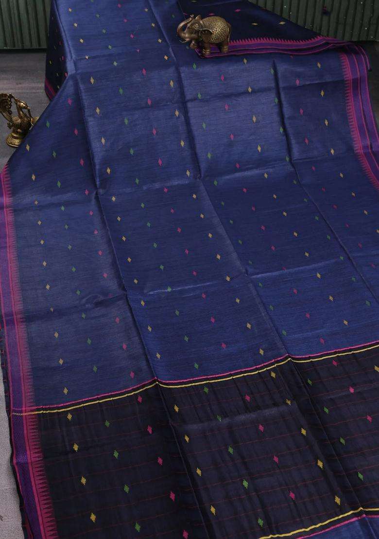 Munga Tussar Silk Saree Peacock Blue And Pink With Thread Woven Geomatric Buttas And Organza Pallu With Buttas And Brocade Design For Women - Indya