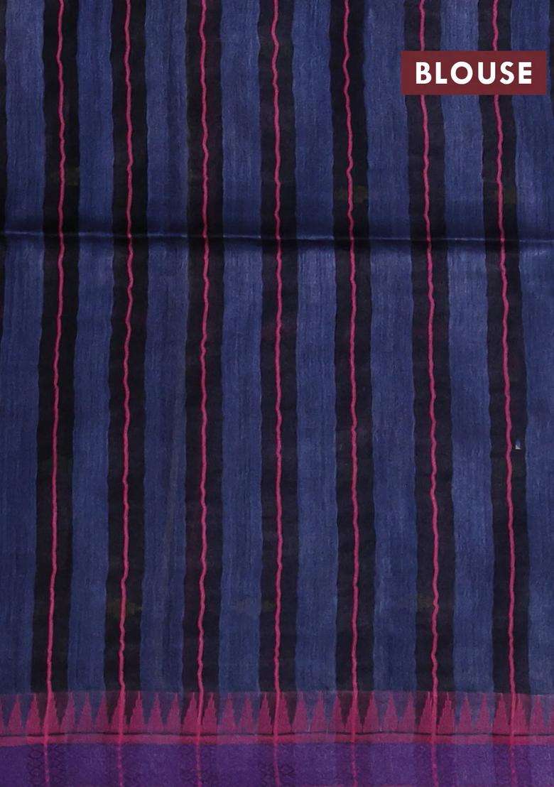 Munga Tussar Silk Saree Peacock Blue And Pink With Thread Woven Geomatric Buttas And Organza Pallu With Buttas And Brocade Design For Women - Indya