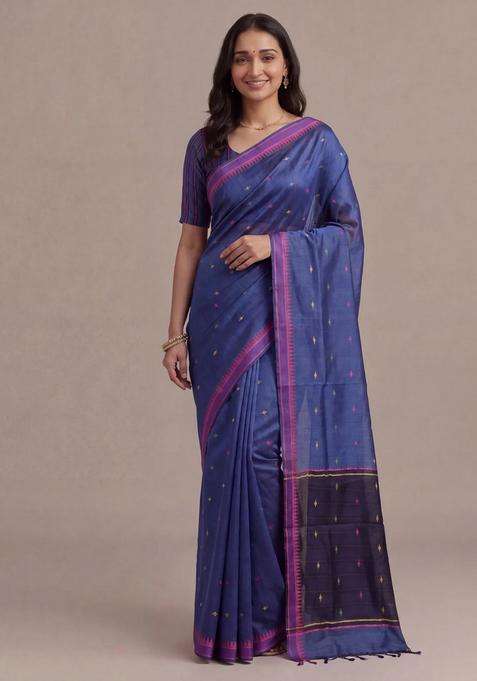 Munga Tussar Silk Saree Peacock Blue And Pink With Thread Woven Geomatric Buttas And Organza Pallu With Buttas And Brocade Design For Women