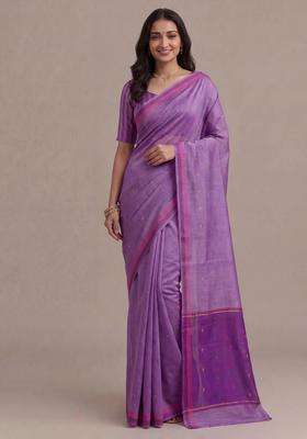 Munga Tussar Silk Saree Lavender And Pink With Thread Woven Geomatric Buttas And Organza Pallu With Buttas And Brocade Design For Women