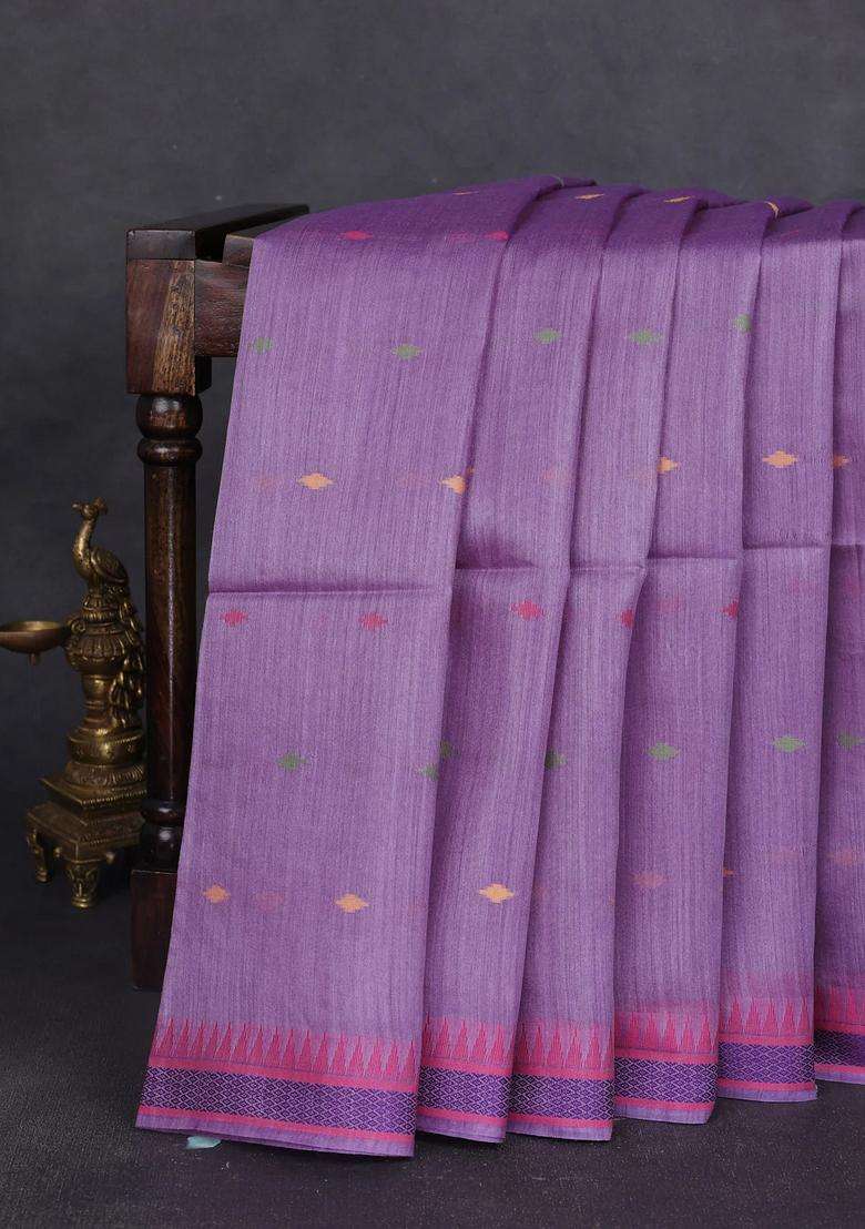 Munga Tussar Silk Saree Lavender And Pink With Thread Woven Geomatric Buttas And Organza Pallu With Buttas And Brocade Design For Women - Indya