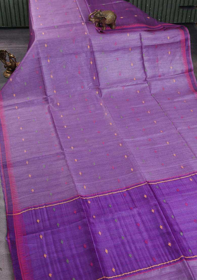 Munga Tussar Silk Saree Lavender And Pink With Thread Woven Geomatric Buttas And Organza Pallu With Buttas And Brocade Design For Women - Indya