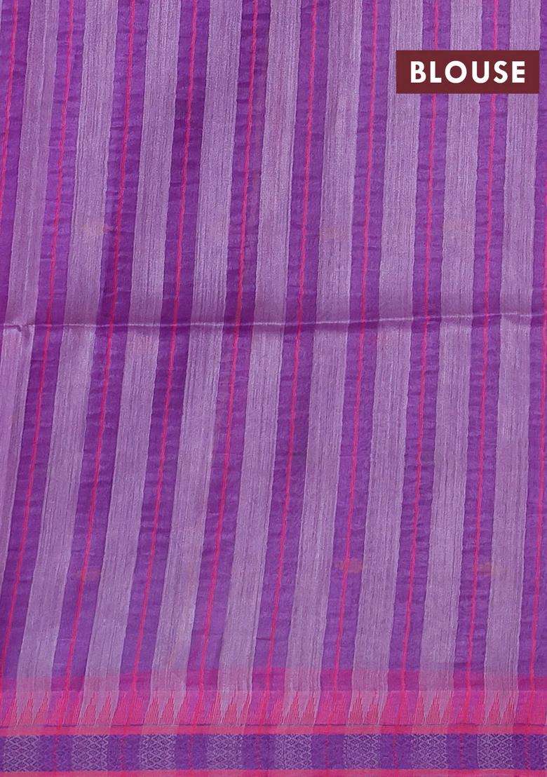 Munga Tussar Silk Saree Lavender And Pink With Thread Woven Geomatric Buttas And Organza Pallu With Buttas And Brocade Design For Women - Indya