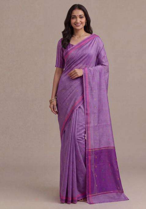 Munga Tussar Silk Saree Lavender And Pink With Thread Woven Geomatric Buttas And Organza Pallu With Buttas And Brocade Design For Women