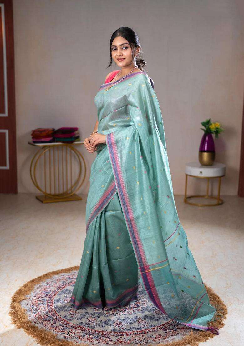 Munga Tussar Silk Saree Pastel Green Shade And Pink With Thread Woven Geomatric Buttas And Organza Pallu With Buttas And Brocade Design For Women - Indya