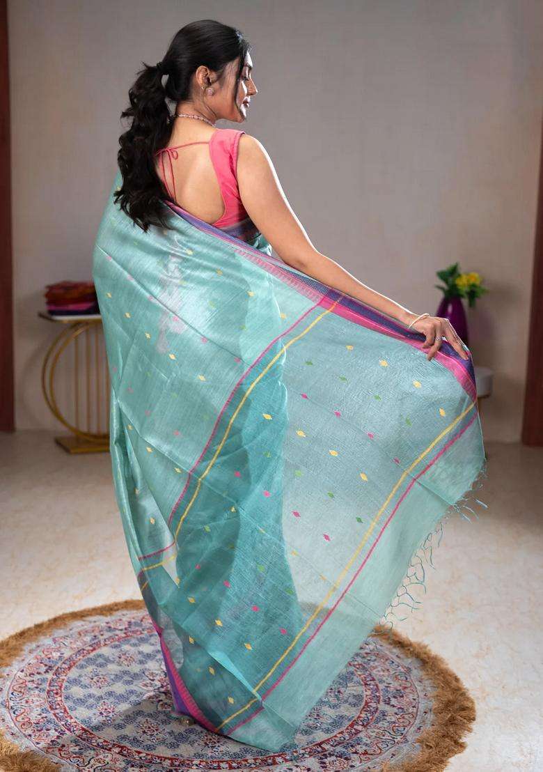 Munga Tussar Silk Saree Pastel Green Shade And Pink With Thread Woven Geomatric Buttas And Organza Pallu With Buttas And Brocade Design For Women - Indya