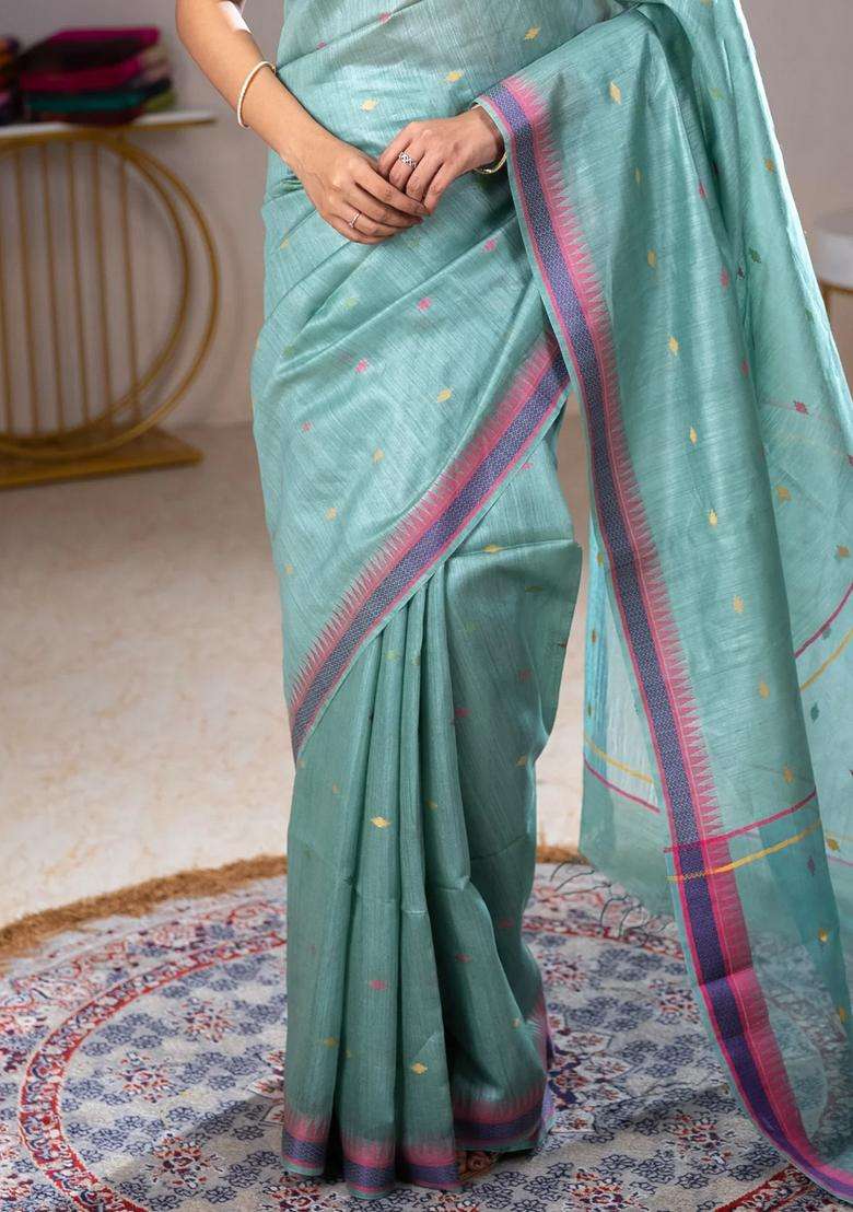 Munga Tussar Silk Saree Pastel Green Shade And Pink With Thread Woven Geomatric Buttas And Organza Pallu With Buttas And Brocade Design For Women - Indya