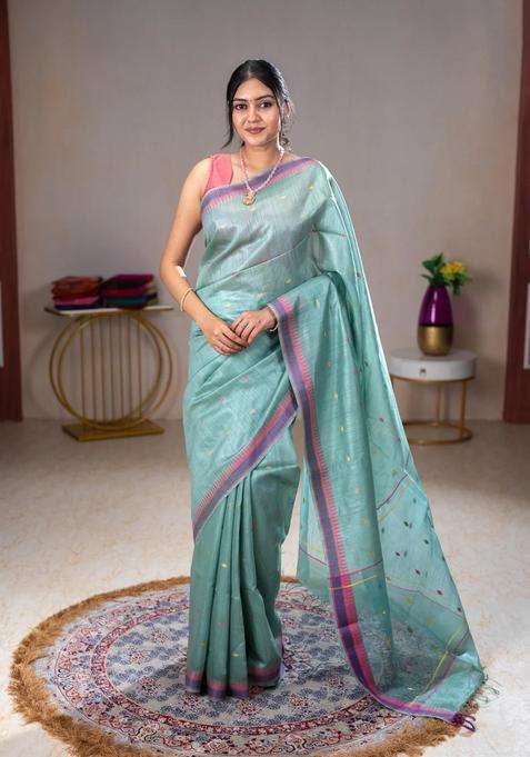 Munga Tussar Silk Saree Pastel Green Shade And Pink With Thread Woven Geomatric Buttas And Organza Pallu With Buttas And Brocade Design For Women