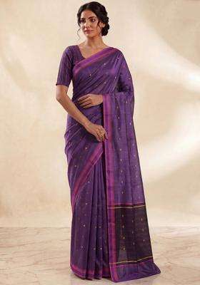 Munga Tussar Silk Saree Purple And Pink With Thread Woven Geomatric Buttas And Organza Pallu With Buttas And Brocade Design For Women