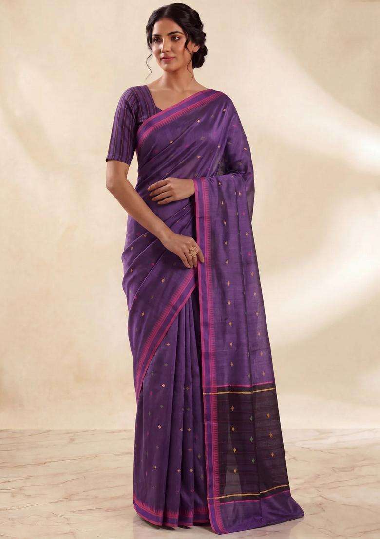Munga Tussar Silk Saree Purple And Pink With Thread Woven Geomatric Buttas And Organza Pallu With Buttas And Brocade Design For Women - Indya